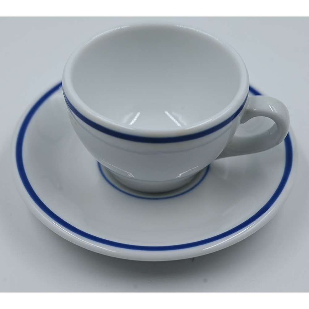 Apilco France Porcelain Espresso Cup and Saucer White Blue Stripe Bistro Ware